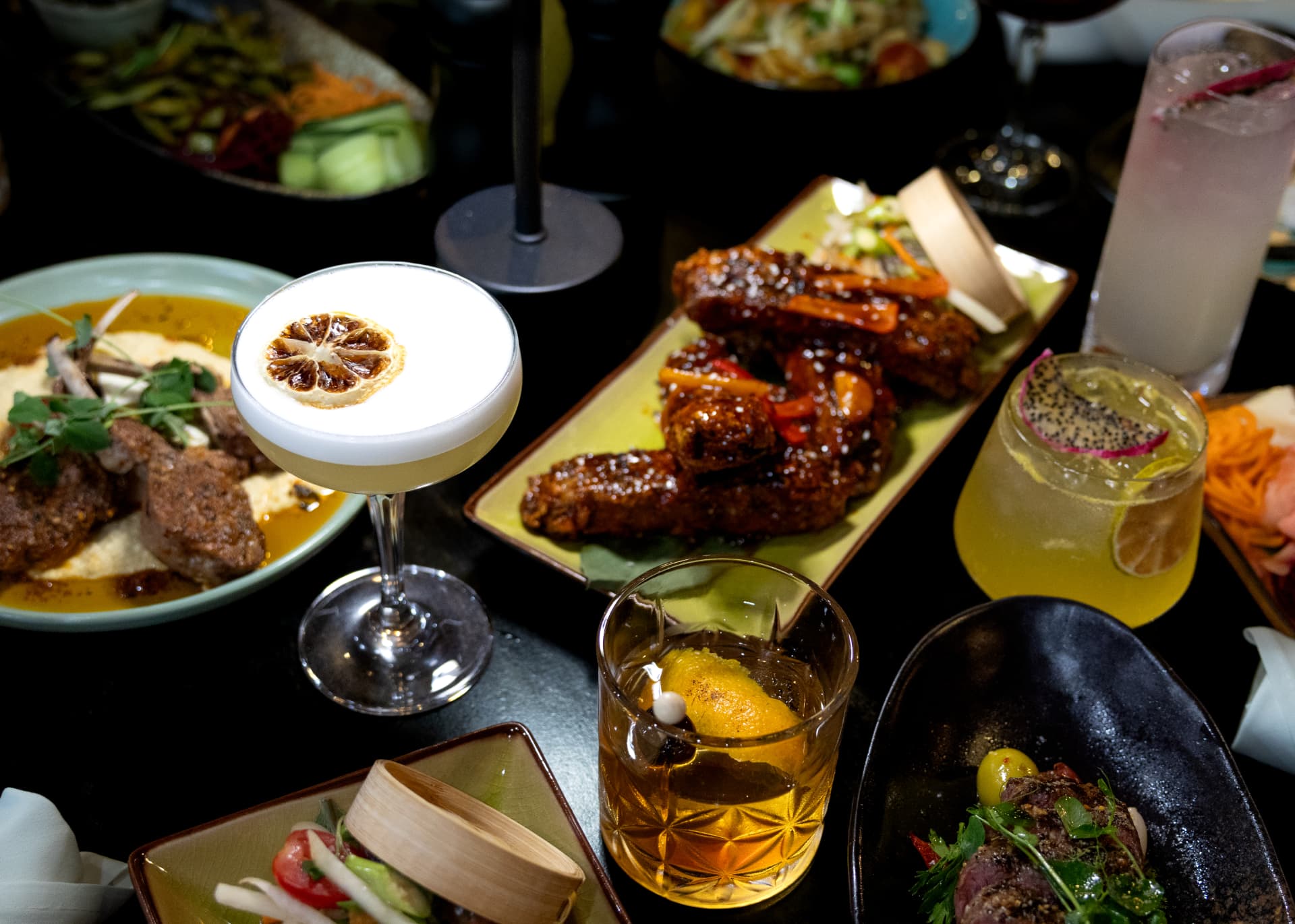 Sequoia cocktails beside sesame ribs and lamb chops
