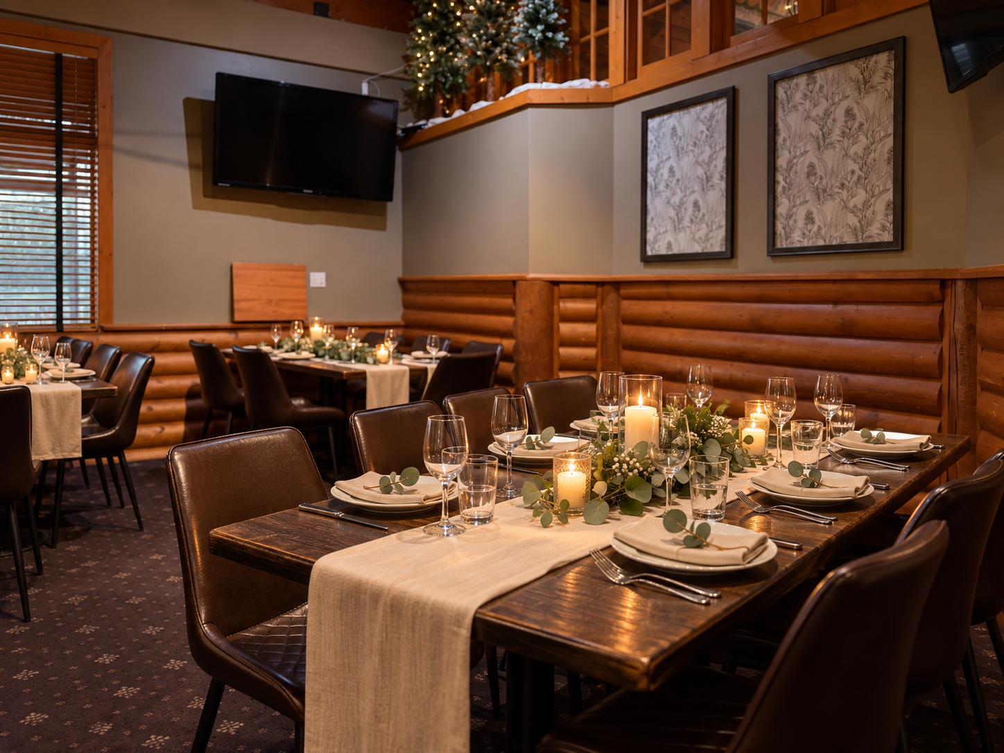 Copper Room at Redwood set for a private dinner with dark wood tables, candlelit greenery centerpieces, and leather chairs