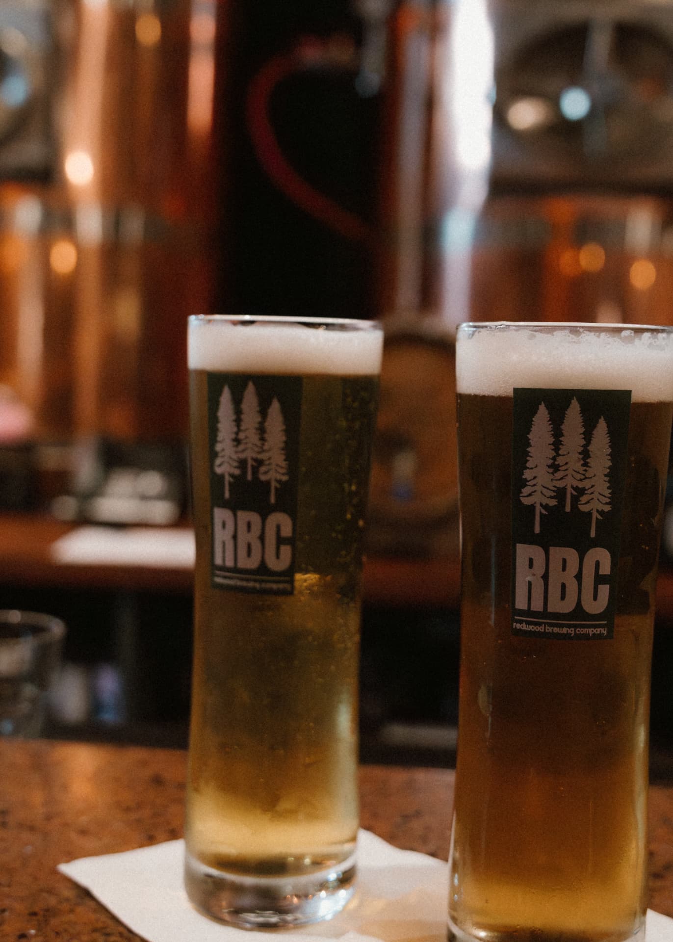 Two RBC glasses of lager beside the copper brew tanks