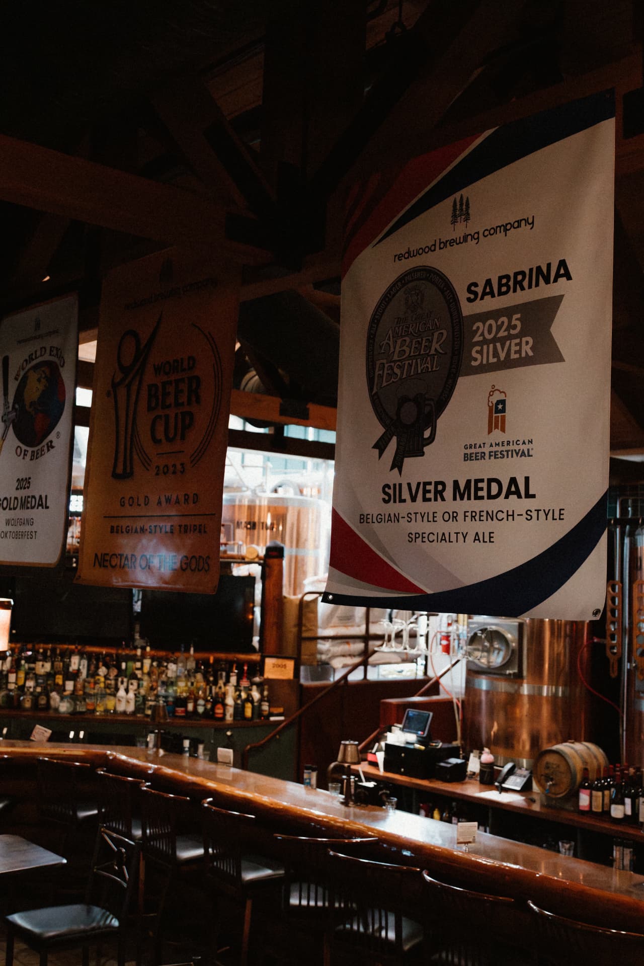 Award banners hanging above the Redwood bar and brewhouse